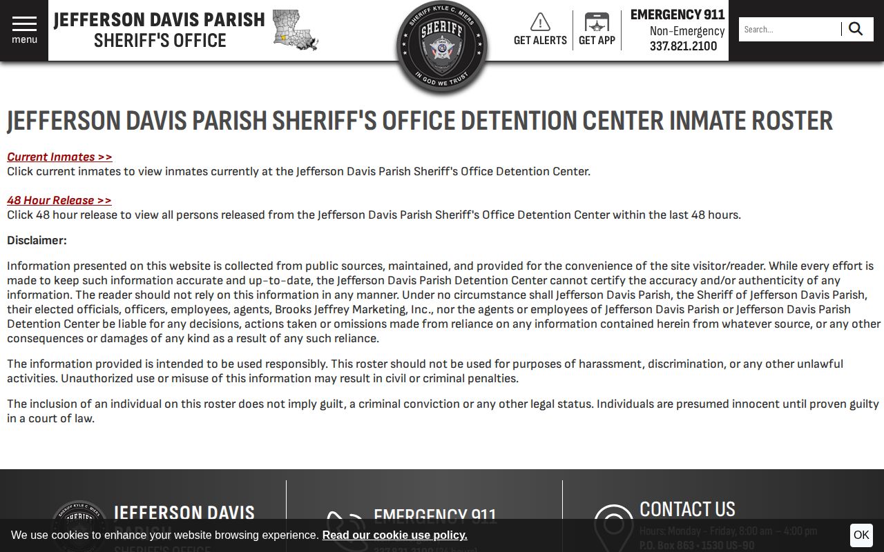 Jefferson Davis Parish jail roster disclaimer and release links