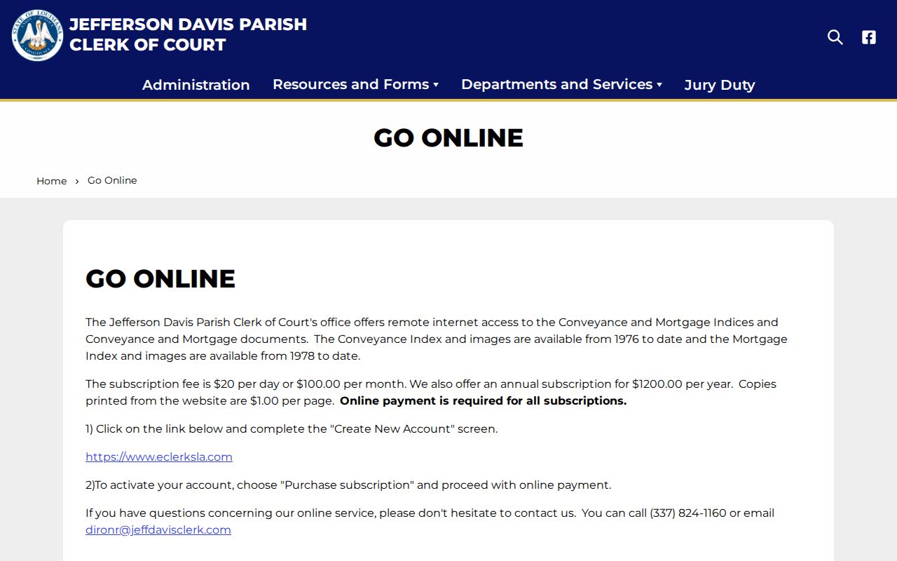 Jefferson Davis Parish Clerk court record search interface