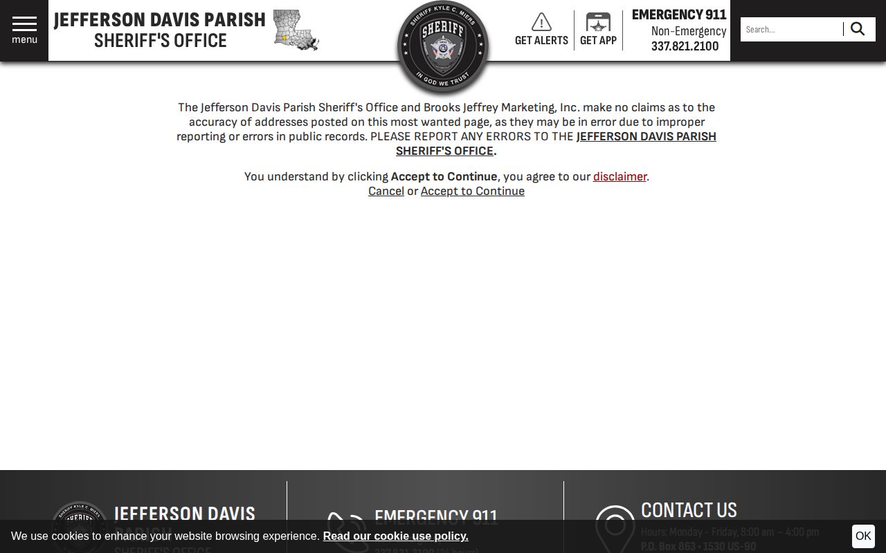 Jefferson Davis Parish Most Wanted official accuracy disclaimer