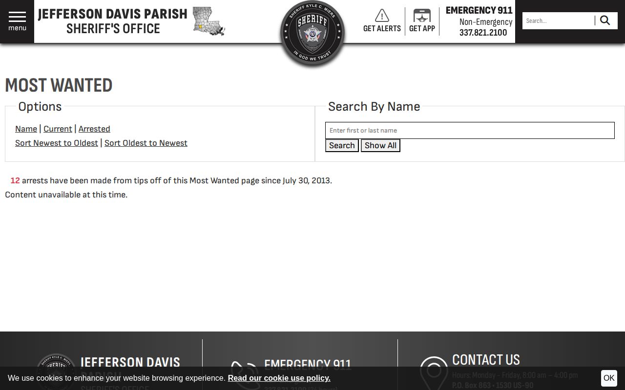Jefferson Davis Parish Most Wanted official search interface